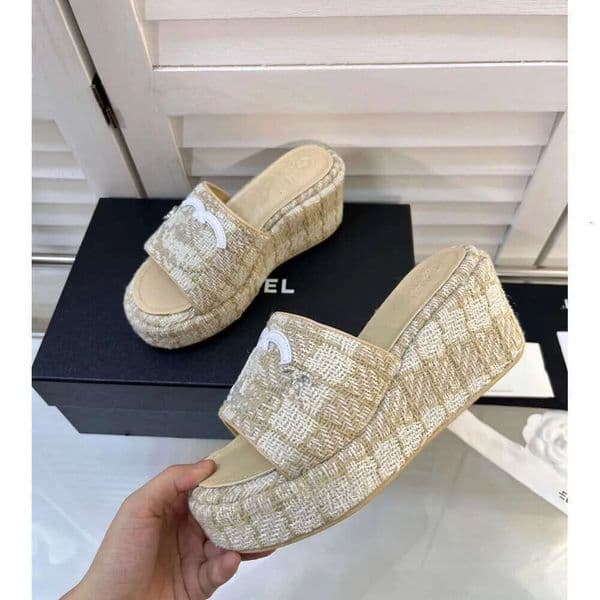 CC Sandals Luxury Brands Designer Platform Wedges Slippers Peep Toe Heels Designer Shoes Sexy CC Letters Embroidery High Female Heel Sandals Chan Slide Slipper 036