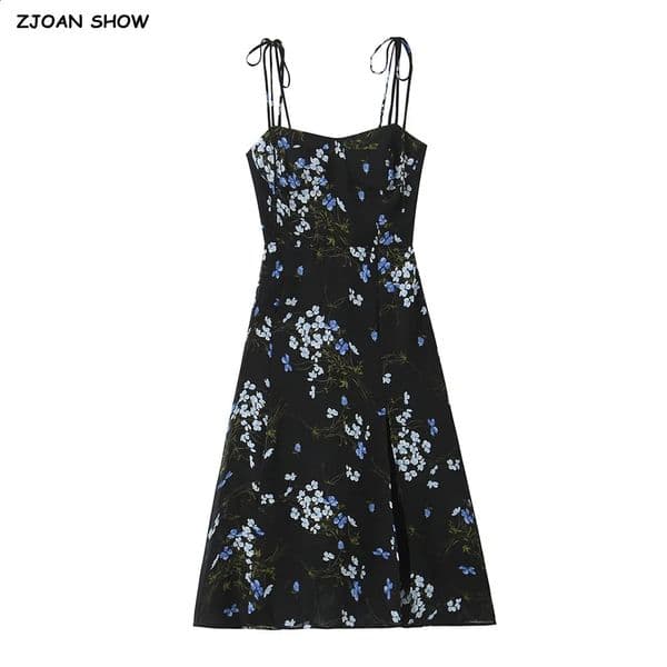 Summer French Style Retro Black Floral Print Bow Lacing Up Strap Sling Dress Women Elastic Back Slit Hem Long Dresses Robe 260421