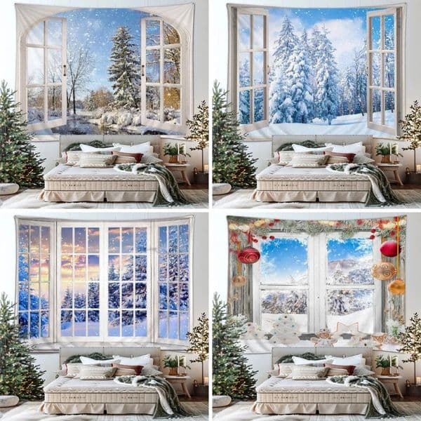 Yard Decor Outdoor Snow Tapestry Christmas Year Moose Faux Window Winter Landscape Living Room Bedroom Hanging Patio landscape Wall Decor Garden Ornament 6 17