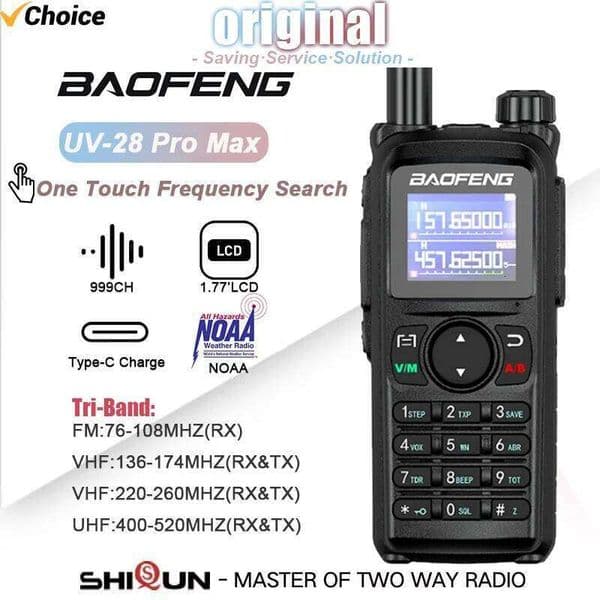 Baofeng UV-28 Pro Max Walkie Talkie Type-C Charge Tri-Band 999CH High Capacity NOAA One Touch Frequency Search Two Way Ham Radio 26Y0427