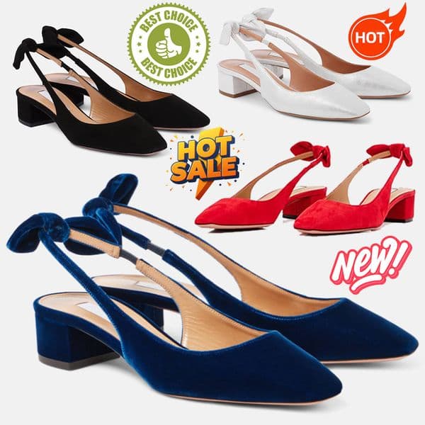 Fashion Brands Women low block heeled Very Bow Tie 35 velvet slingback pumps in suede velvet and satin leather sling back sandals With Box Size:35-43