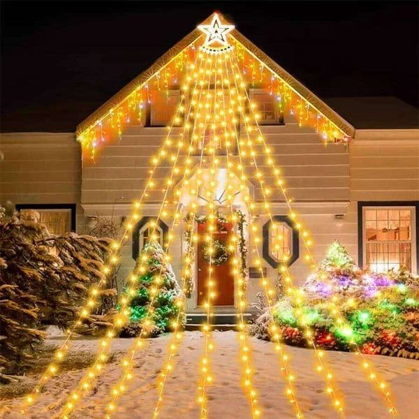 3.5M 350 LED Outdoor Decorations Christmas Tree Lights with Topper Waterproof Plug in Star Waterfall String Light
