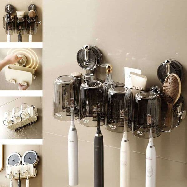 No-Drill Vacuum Suction cup Toothbrush with Rinsing Cup & Toothpaste Holder Waterproof Wall-mounted Bathroom Organizer