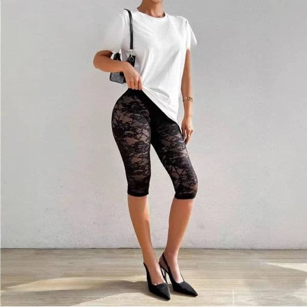 Black Lace Leggings Women's Sensual High-Waisted Sheer Cropped Lace-Up Holiday Casual Base Layer Trousers dongdumaoyi