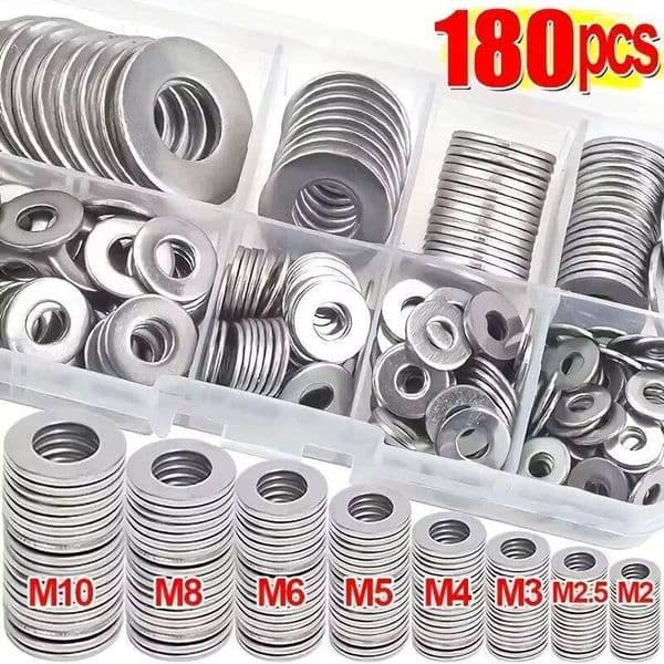 Stainless Steel Flat Washer Assortment Kit M2, M2.5, M3, M4, M5, M6, M8, M10 - Suitable for Home Decorations& Factory Repairs