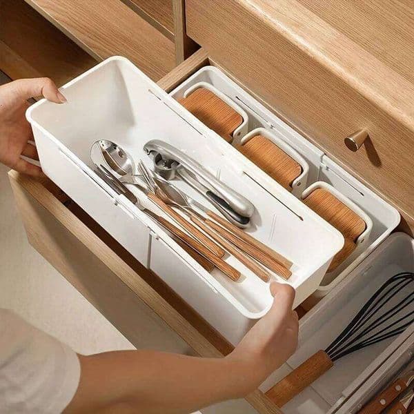 Compartment Adjustable Functional Retractable Box Home Storage Drawer With Divider Compartmentalized Design 26Y0427