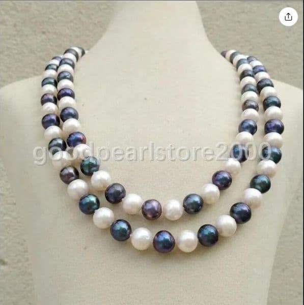Pearl Necklace 9-10mm AAA Natural South Sea White Black +white Pearl Necklace 35" 14k Gold P