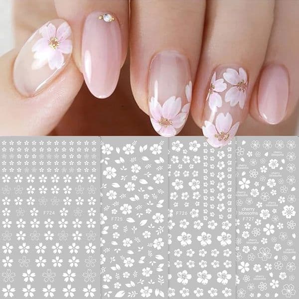4pcs Sakura Flower 3D Nail Stickers White Cherry Blossom Nail Art Decals Spring Summer Adhesive Slider Decor Wedding Manicure 260427