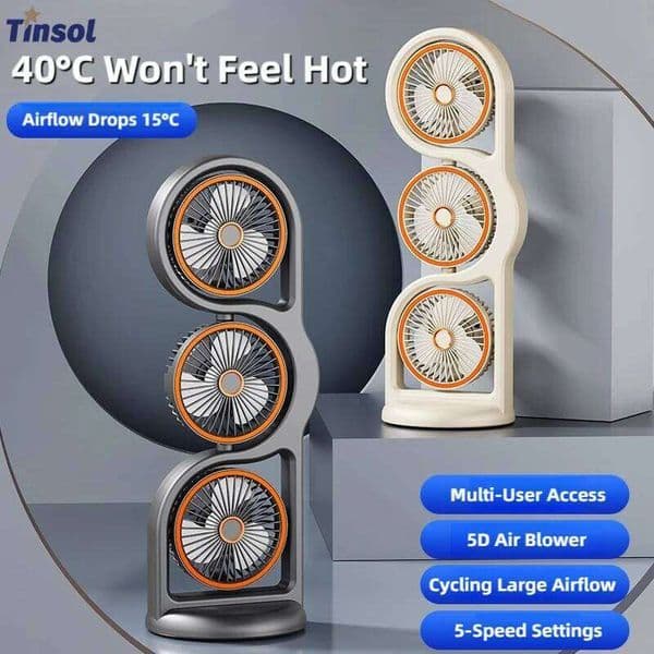 TINSOL Portable Three-Head Fan, 360° Wind Direction Adjustment, Five-Speed Wind, Dormitory and Outdoor Desktop Fan