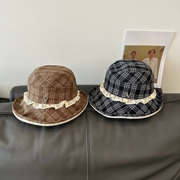 Plaid Ruffle Trim Bucket Hat for Women Designer Bucket Hat Preppy Style Wide Brim UV Protection Sun Hat Casual Summer Fisherman Cap thumbnail 2