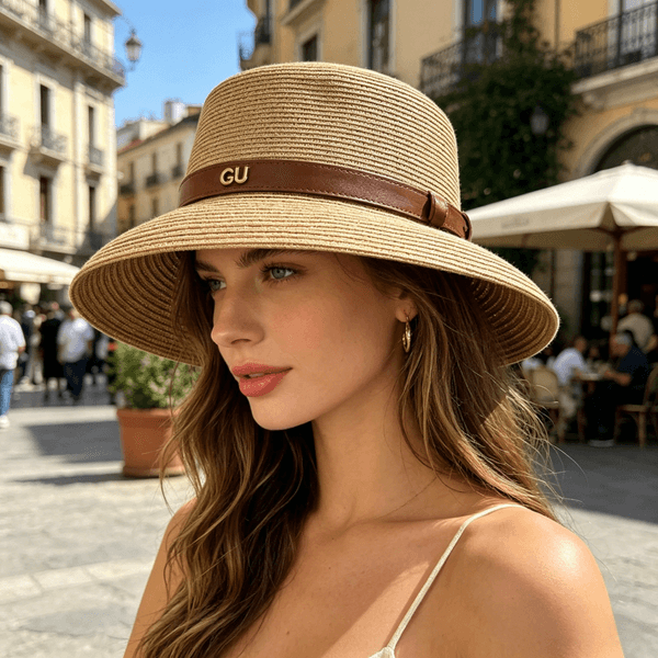 Designer Straw Woven Flat Top Hat for Women's Summer Sun Protection and Sunshade Hat Wide Eave Belt Decoration Fashionable and Versatile Straw Hat