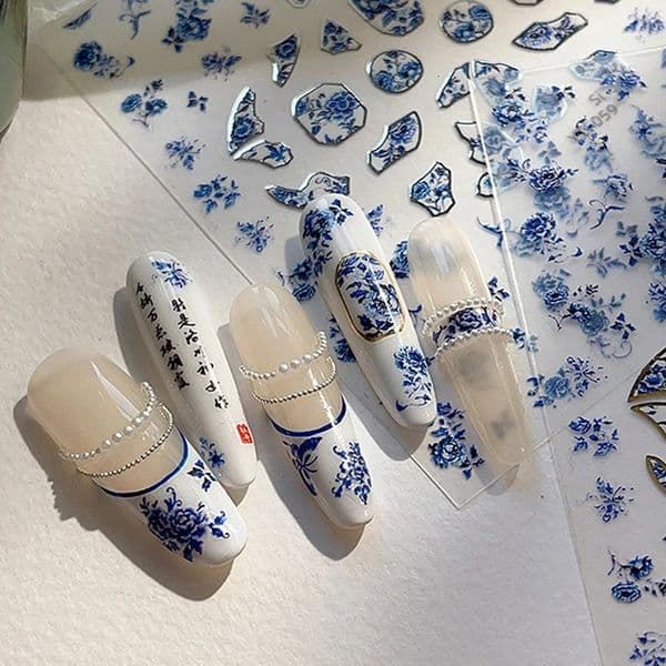 Blue White Porcelain Chinese Style Sticker 3D Self Adhesive Nail Art Sticker Flower Silverback Adhesive Manicure Decal Salon DIY 260427