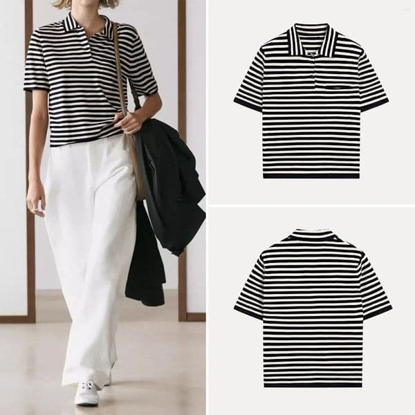 Women's Polos Knitted Shirt Spring 2026 College Style Pocket Detail Striped Loose Fit Short Sleeve Regular Length Zadata