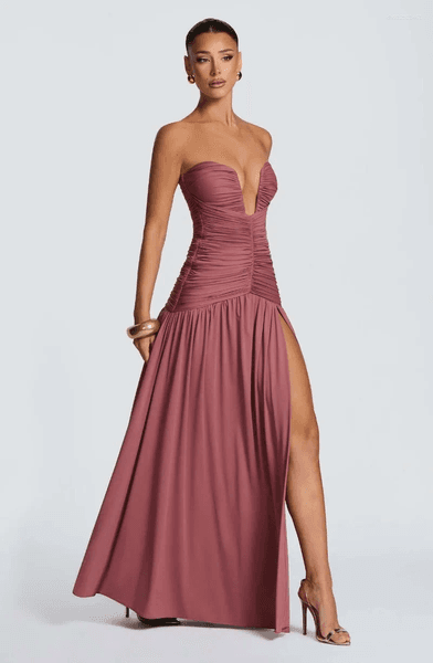 Casual Dresses Women Elegant Deep V-neck Pleated Strapless Dress Chic Off-shoulder Backless Split Maxi 2026 Lady Evening Party Vestidos