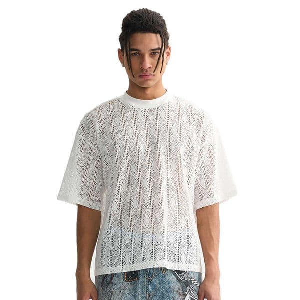mens round neck tshirt lace mesh see through short sleeve loose casual designer daily tops