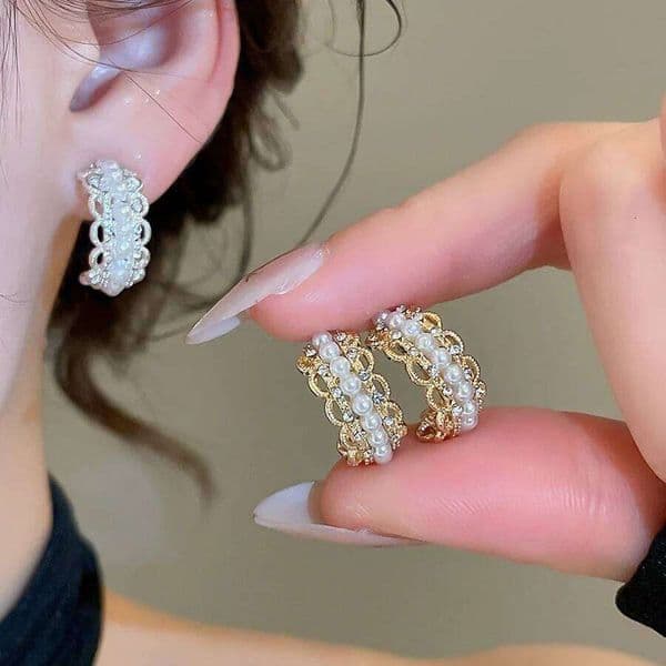 Vintage C Shape Stud for Women Pearl Lace Water Drop Sweet Earrings Fashion Exquisite Banquet Daily Wear Jewelry Gifts