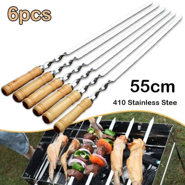 55cm Large Barbecue Skewer Reusable Stainless Steel BBQ Kebab Stick with Wooden Handle Outdoor Camping Picnic Tools Cooking Tool 260428