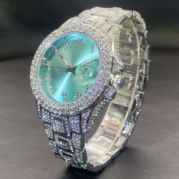 Designer style, high quality Blue Full Diamond Hot-Selling Men's Quartz Watch Cross-Border Round Platinum Gold Summer Fashion