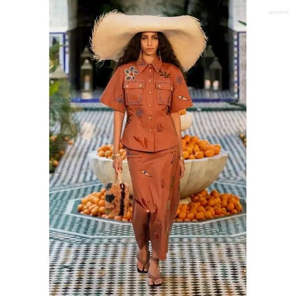 Skirts Women Embroidery Pattern Single Breasted Pockets Short Sleeve Blouse High Waist Long Skirt