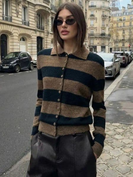 Women's Knits HH Women Fashion Striped Knitted Cardigan Single Breasted Long Sleeve Polo Collar Sweater 2026 Spring Trend Chic Tops
