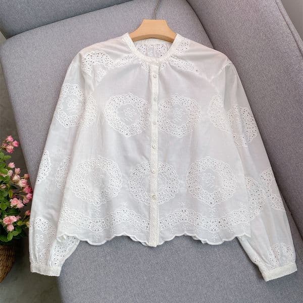 2025 Summer New White Heavy Embroidery Hollow Long Sleeve Shirt, Pure Cotton, Drop Shoulder, Versatile Casual Top for Women