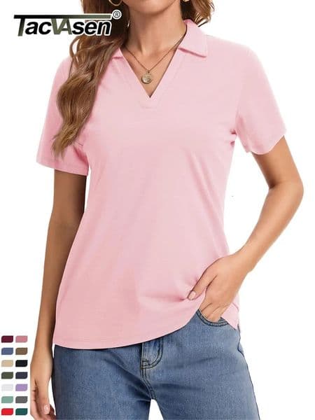 TACVASEN Womens Polo Shirts V Neck Short Sleeve UPF 50 Sun Protection Business Casual Work Summer Tops Golf Collared Shirt 260424