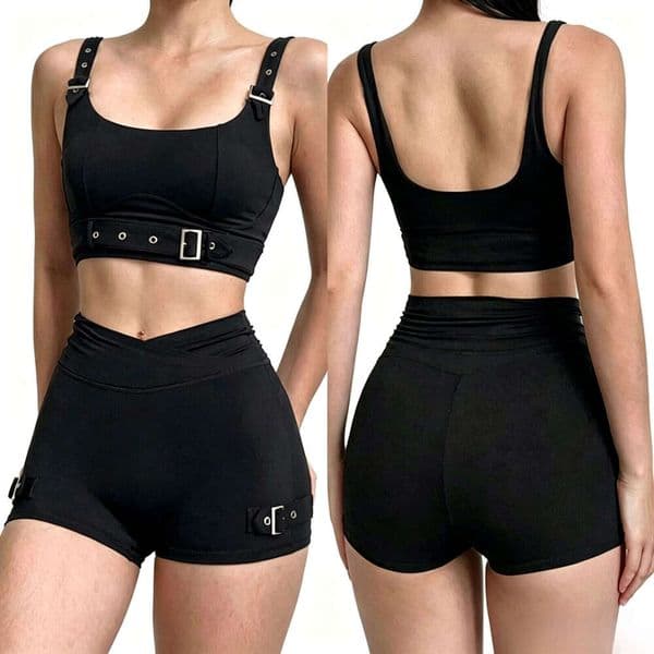 Women's 2 Piece Yoga Sport set Workout Outfit Buckle Detail Crop Sports Bra & High Waist Crossover Biker Shorts Sexy Workout Yoga Gym Set
