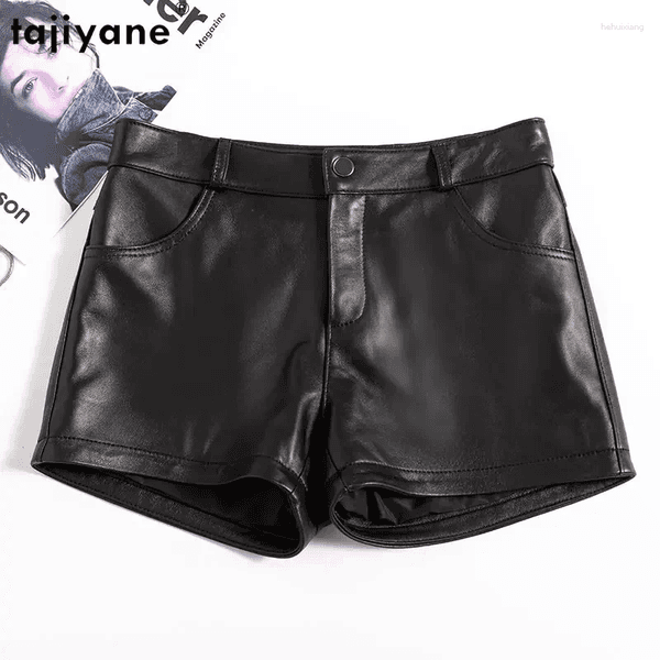 Women's Shorts Tajiyane Genuine Leather Women Real Sheepskin High Waist Straight Pants Casual Black Short Mujer