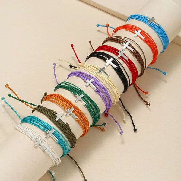 European American Simple And Stylish Woven Wax Rope Adjustable Beach Surf Cross Bracelet Bohemian Style Stainless Steel Bracelet Personality Fashion