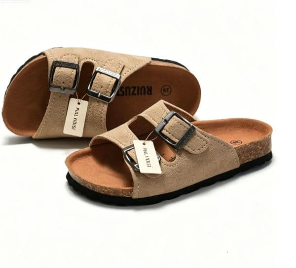 Kids Beige Suede Adjustable Double Buckle Slide Sandals, Cork Footbed Open Toe Non-slip Casual Summer Outdoor Slippers
