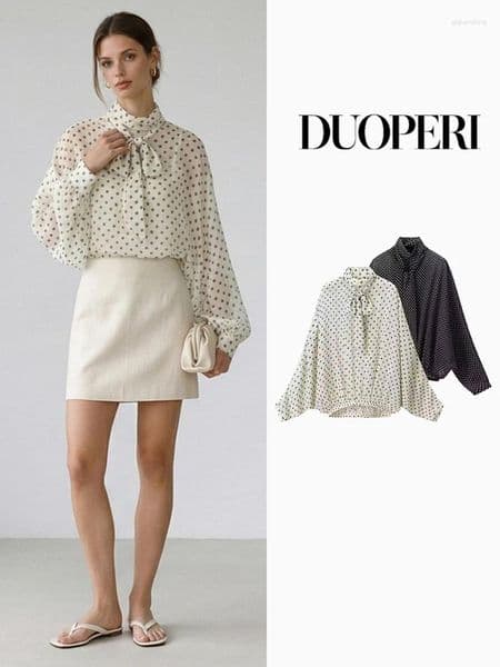 Women's Blouses DUOPERI Women Fashion Dot Bow Lace Up Pullover Blouse Vintage O-Neck Long Sleeves Female Chic Lady Shirts