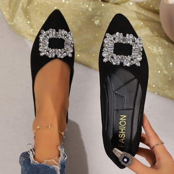 Pointed Single Shoes Women's Summer New Diamond-encrusted Square Buckle Shallow Mouth Flat-soled Single Shoes Fashionable Large-size Women's Shoes