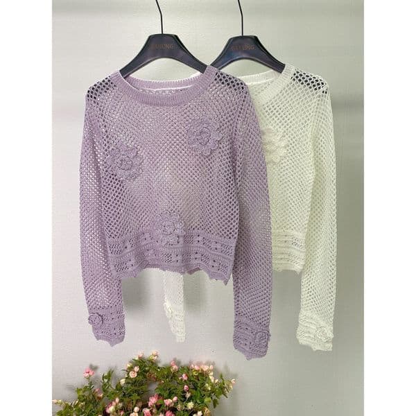 2 colors available~Casual hollow-out crochet round-neck sequin knit top for women with elaborate three-dimensional floral decoration thumbnail 2