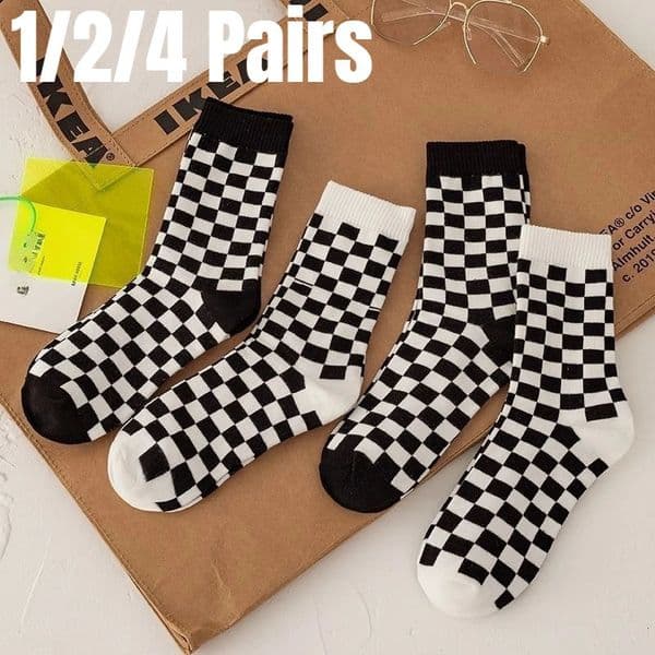 124 Pairs Black and White Checkerboard Pattern Trendy Street Mens Mid Tube Socks Casual Comfortable Sports 260428