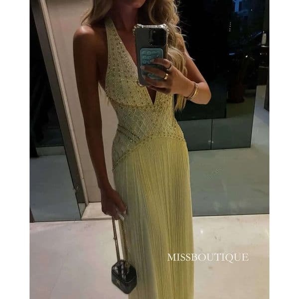 Fashion Luxury Crystal Beadings Sequins Glitter Evening Dress Sexy V Neck Backless Tassel Prom Party Gowns Women Formal Occasion Robes De Soiree Bc20476 Q428