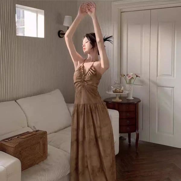 Womens Hollow Backless Neck Suspender Dress with V-neck for Summer