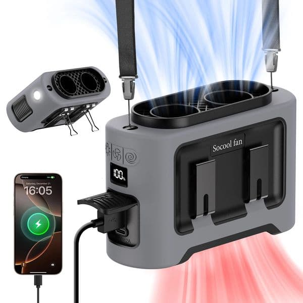 Socool 14500mAh Portable Waist Fan Dual Airflow Outlet Turbo Motors with Four Clips Emergency Flashlight Power Bank for Outdoor 260428