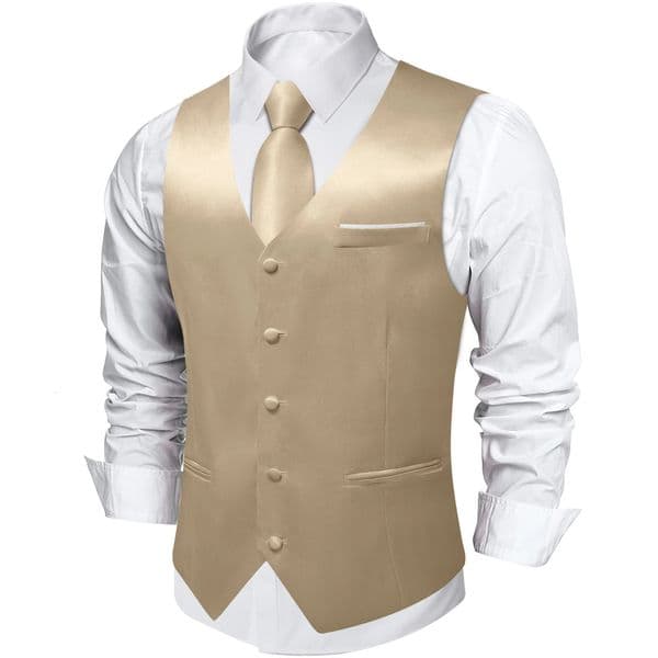 4Pcs Mens Champagne Satin Solid Suit Vest with 8cm Neck Tie Handkerchief Cufflinks for Wedding Prom Groom Waistcoat Clothing 260428