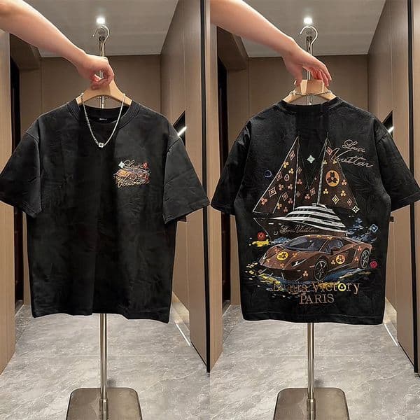 Men's Luxury Yacht Sports Car Print T-Shirt Oversized Crew Neck Cotton Tee