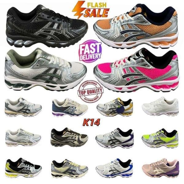 Designer Asicgel Shoes K14 Running Shoes Mens Womens Sneakers Pink Triple Pure Black Sier Orange Green Grey Brown Outdoor Sports Shoes Size 36-45