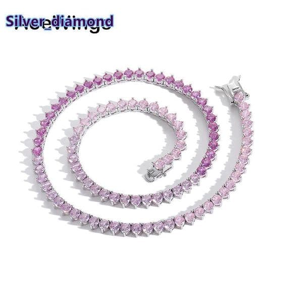 3mm 4mm 3-Prong Gradient Pink Tennis Chain Hip-Hop Womens Layered Necklace Pink Purple Color Matching Full Zircon Necklace Jewelry