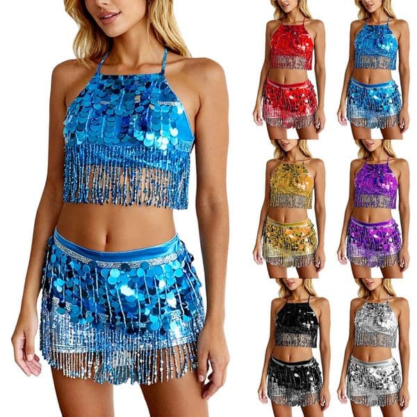 Belly Dance Top Skirt Set Sequin Fringe Halter Tops Hip Scarf Wrap Skirt Sets Sexy Party Costume Carnival Rave Stage Performance 260424