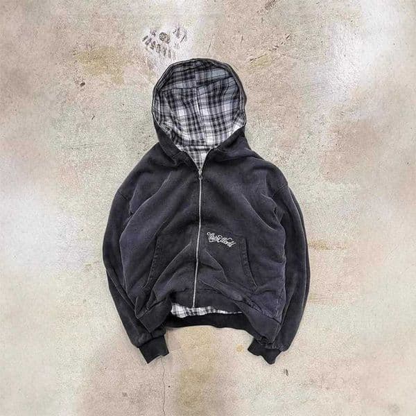 American Retro Reversible Plaid Zipper Hoodie Sweatshirt Mens Womens Casual Plaid Sweatshirt Solid Color Lining Y2K Street Style L260428