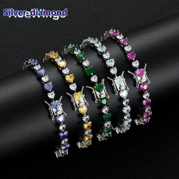 Colorful Heart-Shaped Tennis Bracelet Hip-Hop Couple Stackable Copper Inlaid Zircon Love Tennis Bracelet