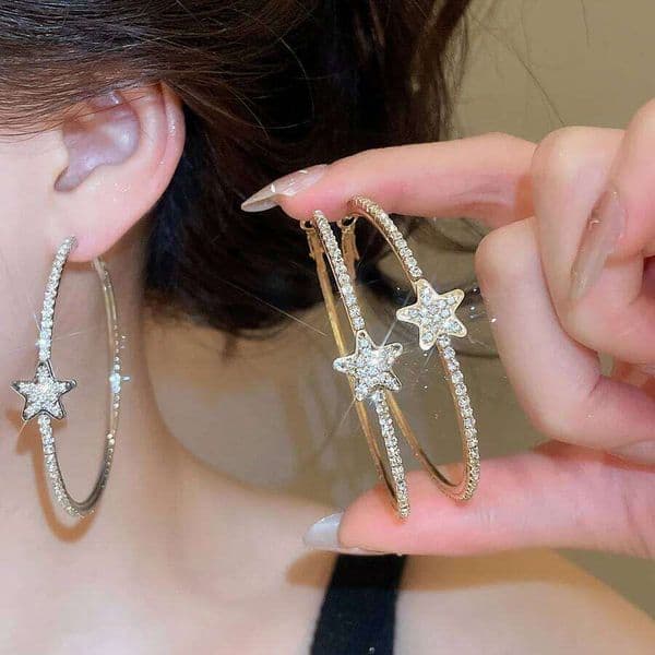 Fashion Sparkling Rhinestone Hoop for Women Star Exaggerated Round Earrings Buckle Luxurious Party Jewelry Accessories