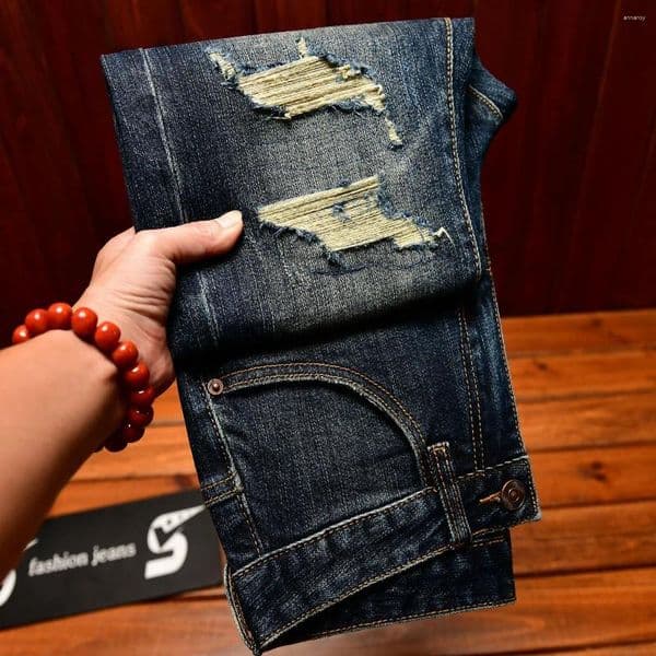 Men's Jeans Street Designer Fashion Men Retro Washed Blue Stretch Slim Fit Ripped Y2K Vintage Casual Denim Pencil Pants