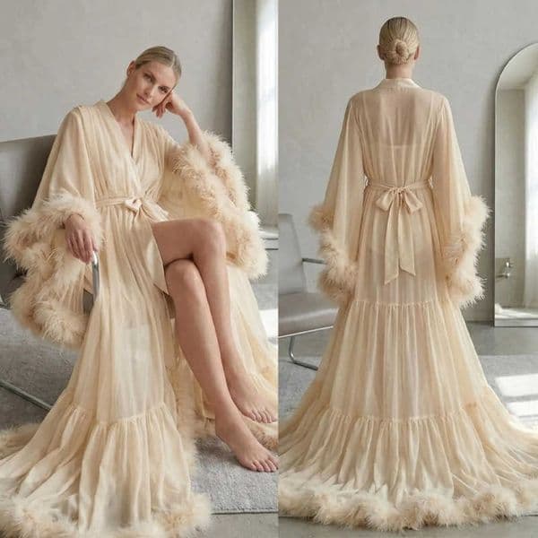 Elegant Ruffle Women's Tulle Feather Robe Puffy Sheer Long Photo Bathgown for Maternity Photo Shoot Customized