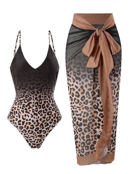 Summer Leopard Print Digital Retro Elegant OnePiece Womens Swimsuit Gauze Skirt 2Piece 260428