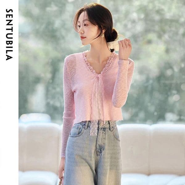 Women's Knits SENTUBILA Patchwork Lace Cardigan For Women 2026 Elegant Holiday Vacation Slim Fit Knitted Long Sleeve Short Tops W52W80404