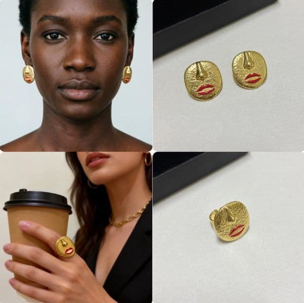 French retro minimalist Enamel Ear Studs facial features series three-dimensional nose drip oil red lip earrings Schiaparelli Jewelry